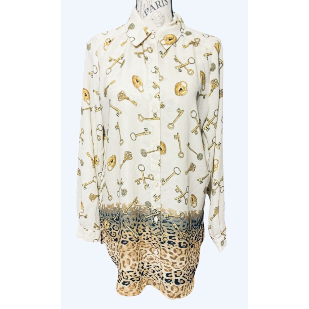 Susan Graver Blouse Lock Key Leopard Animal Print Button Long Sleeve Shirt‎ Sz 6 - Picture 11 of 11